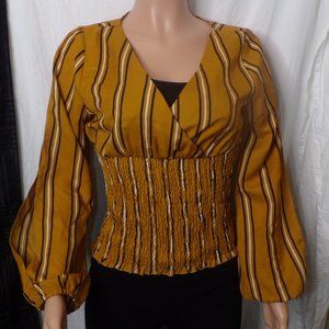 Mustard Yellow Deep V-neck Blouse with Slits in Sleeves (L) (Tag still attached)